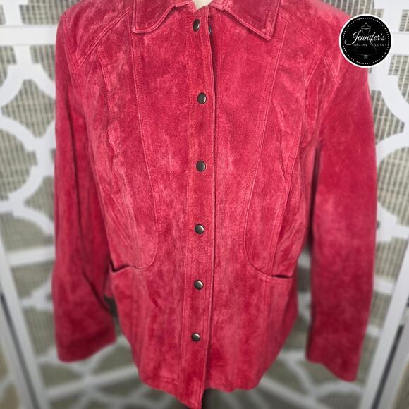 Coldwater Creek Red Front Snap Closure Long Sleeve Lined Suede Jacket Size PL - Picture 4 of 13